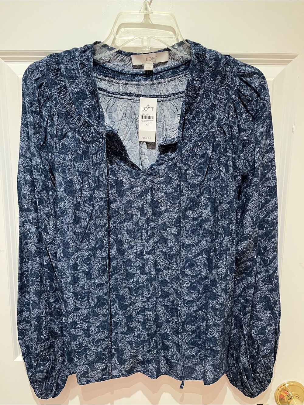 NWT LOFT Navy Paisley Yoked Tie-Neck Long-Sleeve Blouse Size XS